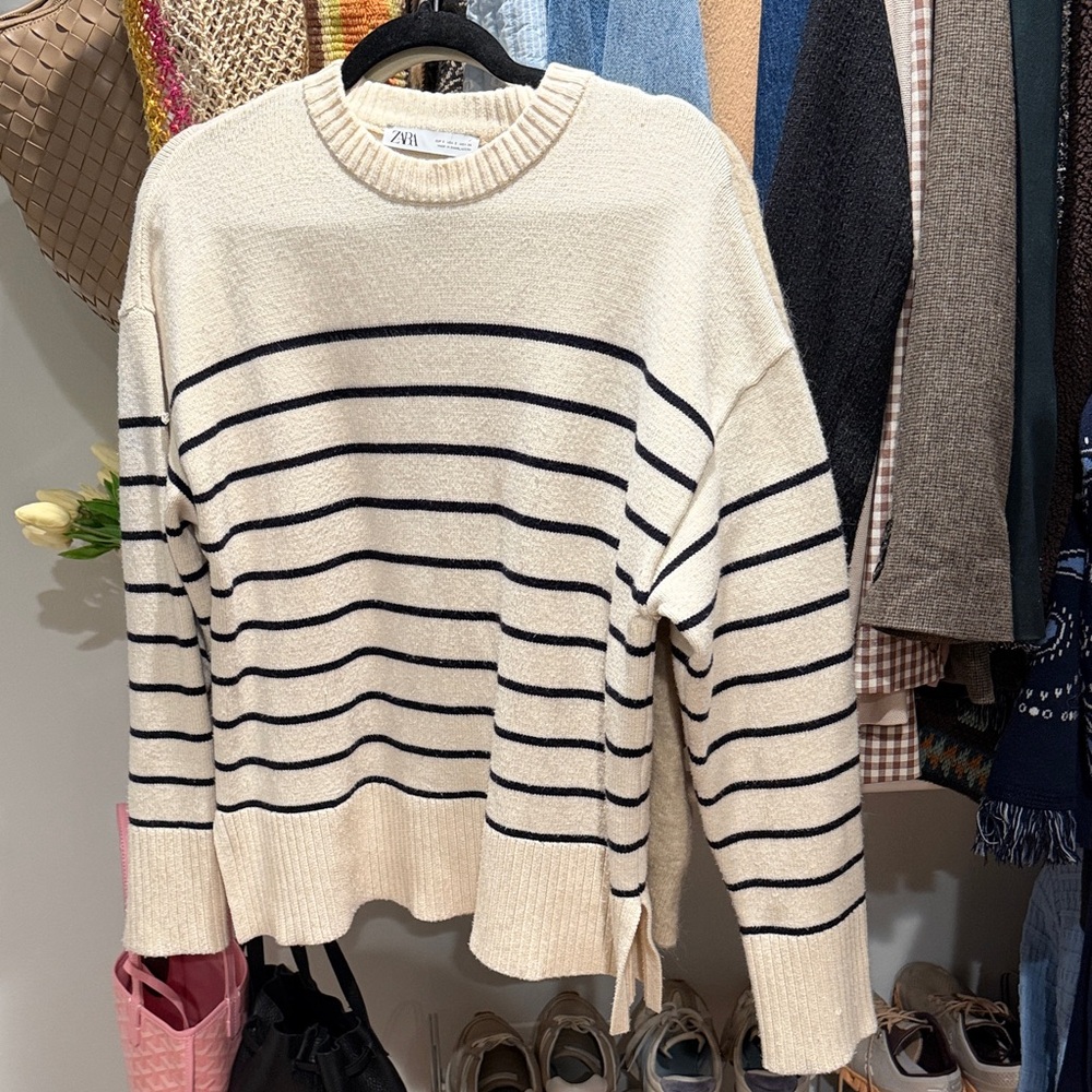 Zara Cream Sweater with Navy Stripes